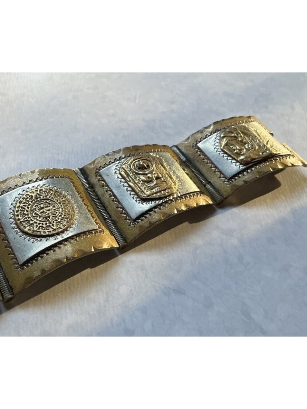 Vintage Taxco Handmade Silver Aztec Warrior Hinged Panel Bracelet Mexico 6.75”